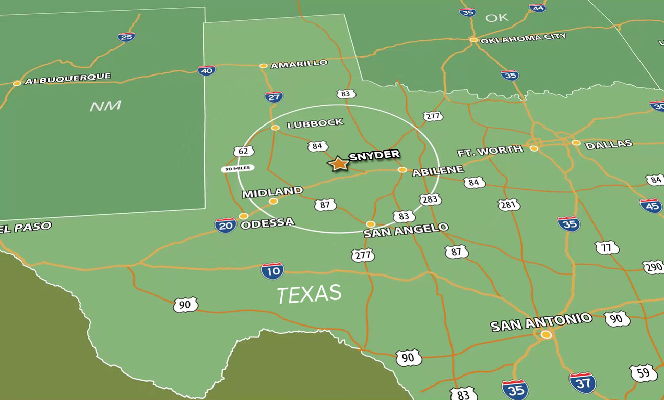map of TX with Snyder area highlighted
